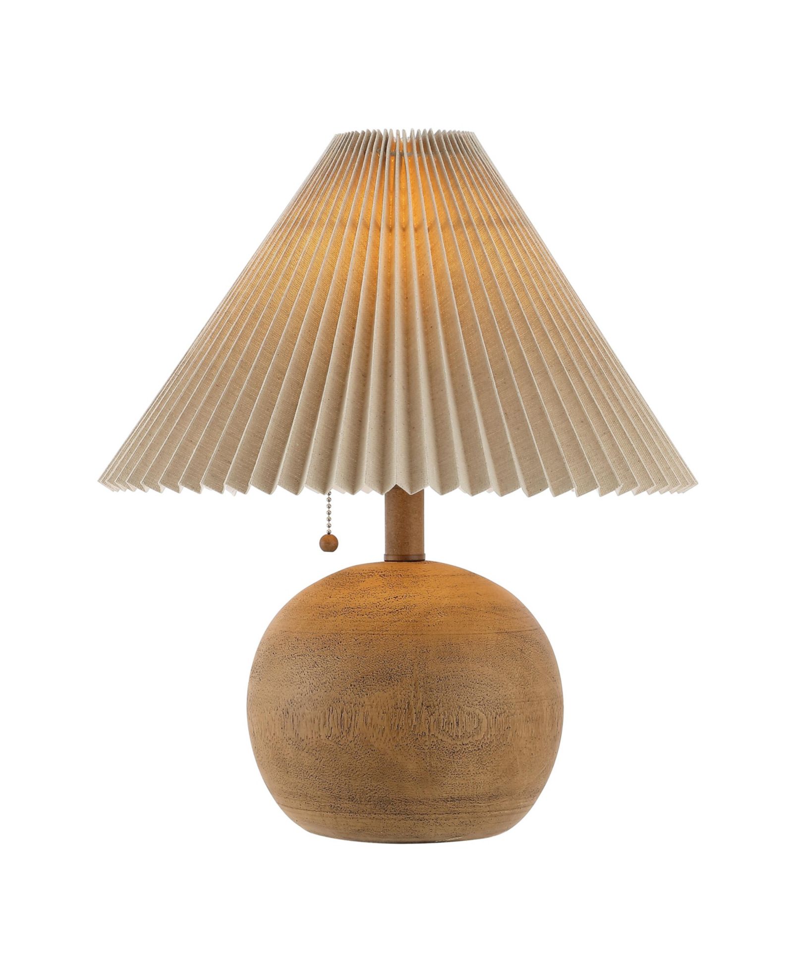Aksel 17.25" Coastal Scandinavian Resin/Iron Sphere LED Table Lamp with Pleated Shade and Pull Chain, Beige Wood Finish/White