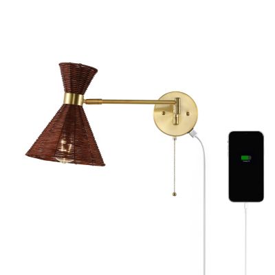 Lily настенный светильник в стиле Mid-Century Vintage, ротанг/металл, с USB-зарядкой и цепью, темно-коричневый/золото, 25"