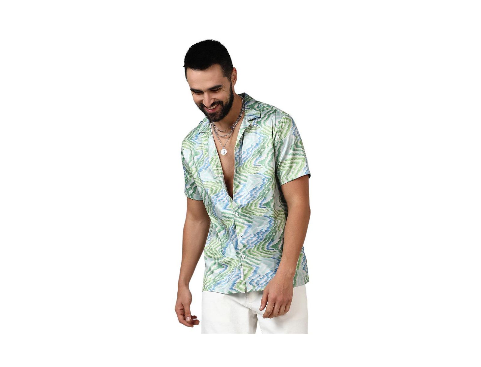 Campus Sutra Men's Grass Green & Navy Blue Ripple Shirt