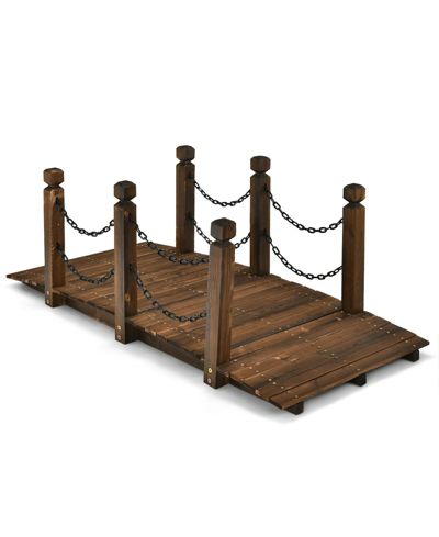 5 Feet Wooden Garden Bridge Arc Footbridge with Stained Finish Walkway and Safety Chain Rails