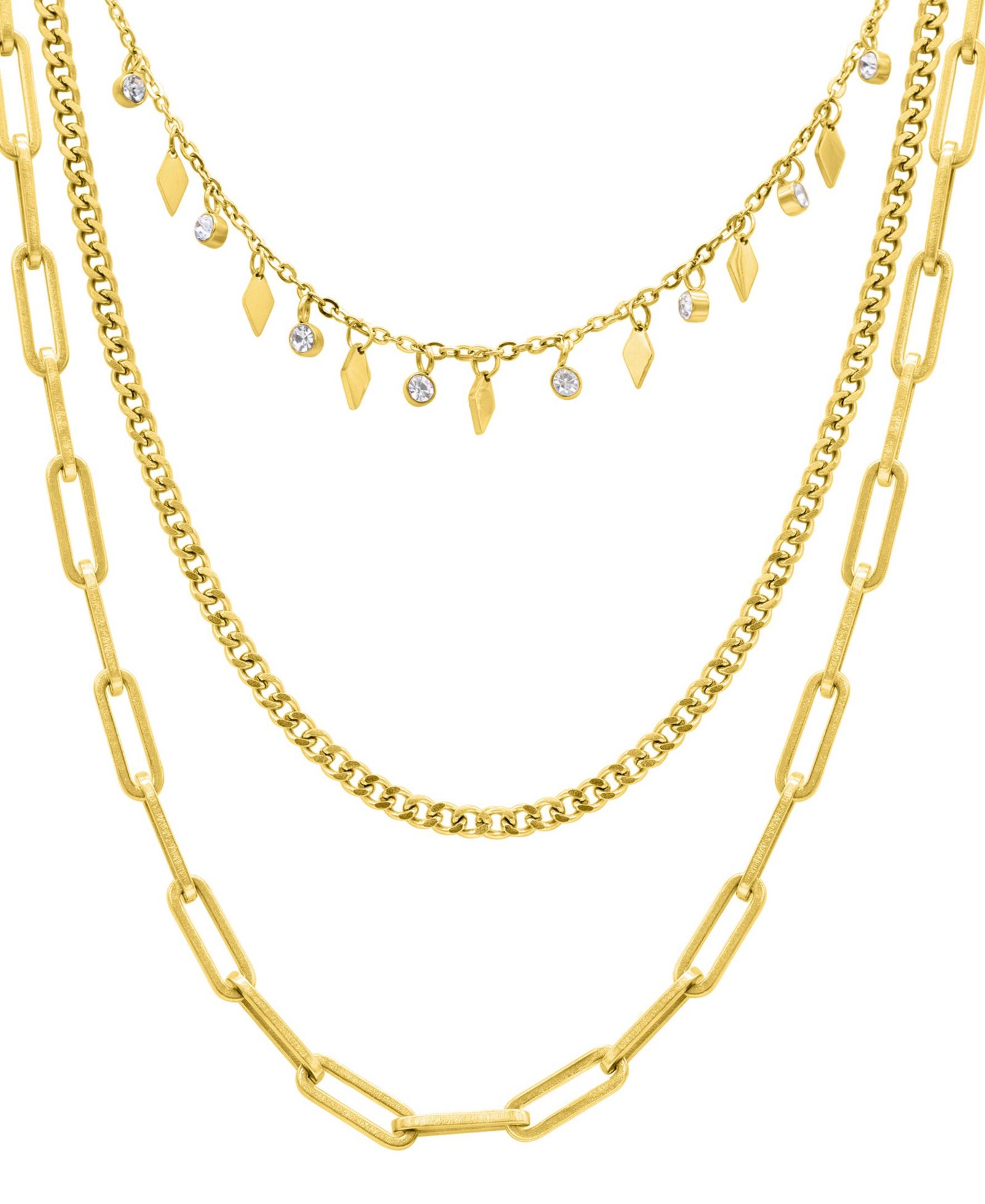 ADORNIA Gold Cubic Zirconia Paperclip, Curb, and Dangle Diamond Chain Necklace Set