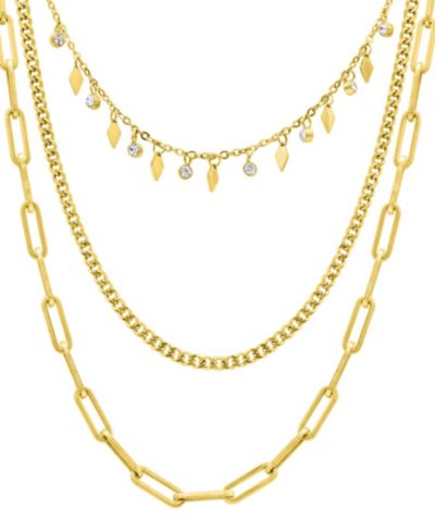 ADORNIA Gold Cubic Zirconia Paperclip, Curb, and Dangle Diamond Chain Necklace Set
