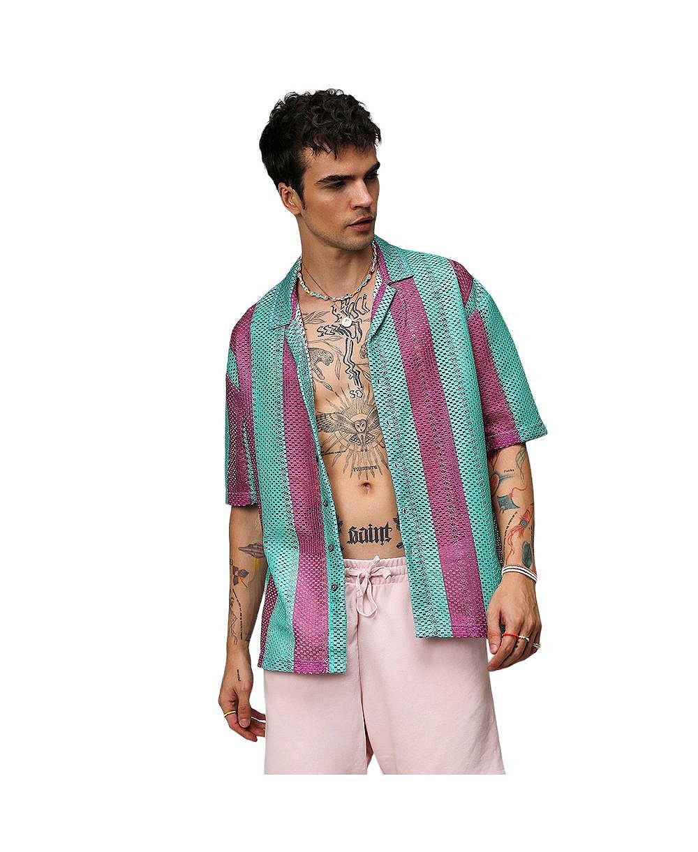 Campus Sutra Men's Mint Green & Plum Purple Balanced Striped Oversized Shirt