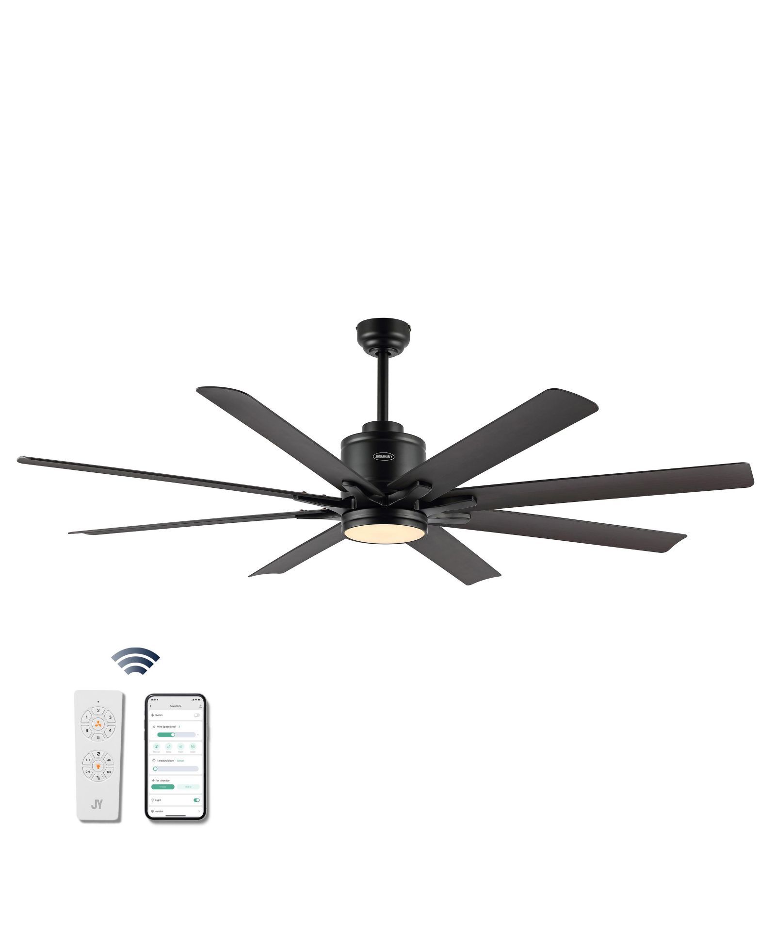 Octo 66" 1-Light Contemporary Industrial Iron/Plastic Mobile-App/Remote-Controlled 6-Speed Ceiling Fan with Integrated LED Light, Black/Neutral Brown Wood Finish