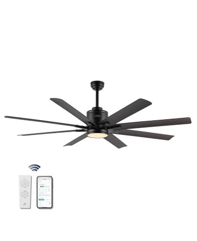 Octo 66" 1-Light Contemporary Industrial Iron/Plastic Mobile-App/Remote-Controlled 6-Speed Ceiling Fan with Integrated LED Light, Black/Neutral Brown Wood Finish