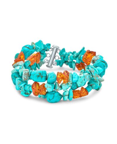 Bling Jewelry Aqua Blue Turquoise Amber Gemstone 3 Strand Wide Bracelet Sterling Silver