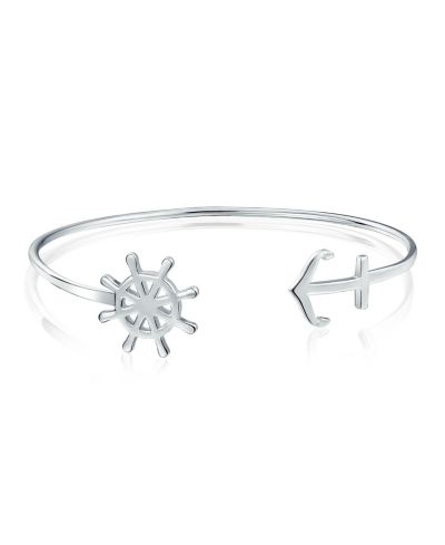 Bling Jewelry Dainty Nautical Anchor Ship Wheel Boat Cuff Bracelet .925 Sterling Silver