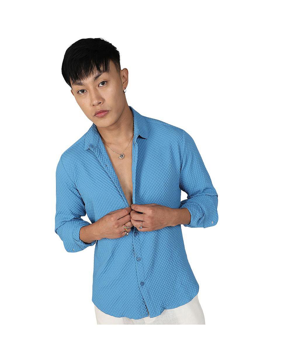 Campus Sutra Men's Sky Blue Textured Micro Buffalo Check Shirt