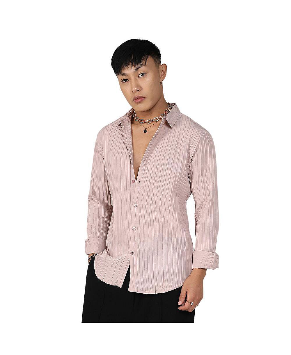 Men's Blush Pink Self-Design Striped Shirt