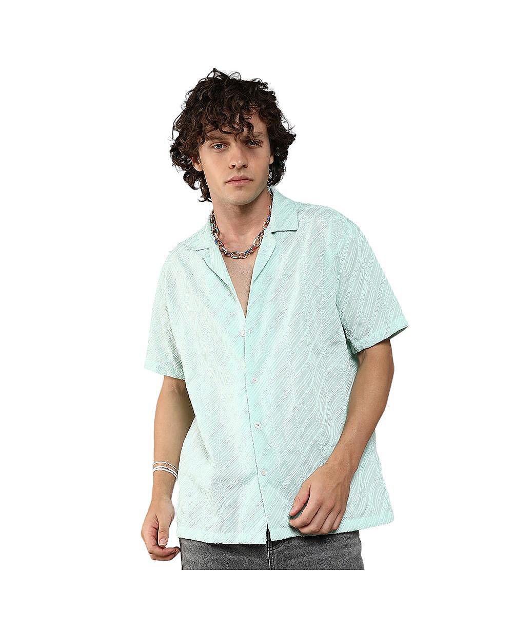 Men's Mint Green Embroidered Striped Shirt