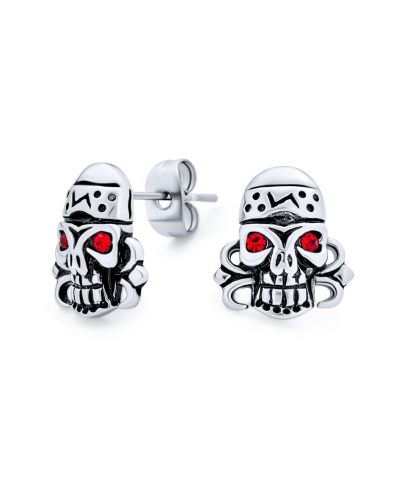 Bling Jewelry Devil Red Eye Dia De Los Muertos Pirate Skull Stud Earrings Stainless Steel