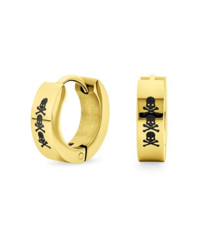 Bling Jewelry Skull and Bones Mini Hoop Huggie Earrings Gold Tone Stainless Steel