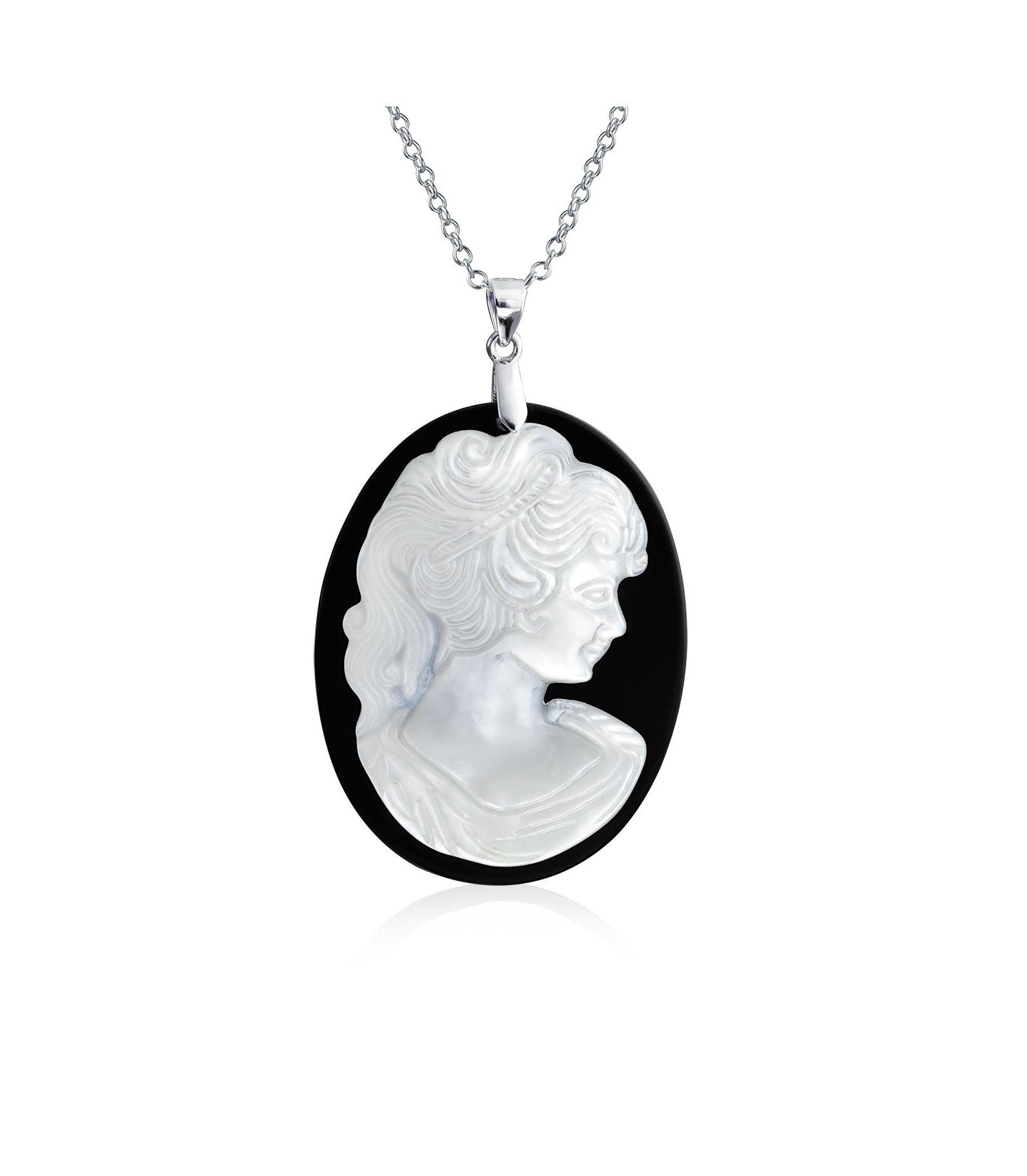 Bling Jewelry Кулон-камео с женским портретом черного цвета из резного материала на цепочке из стерлингового серебра .925