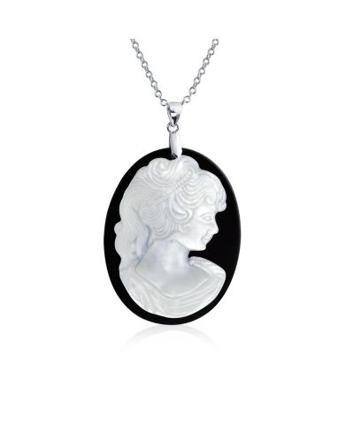 Bling Jewelry Кулон-камео с женским портретом черного цвета из резного материала на цепочке из стерлингового серебра .925