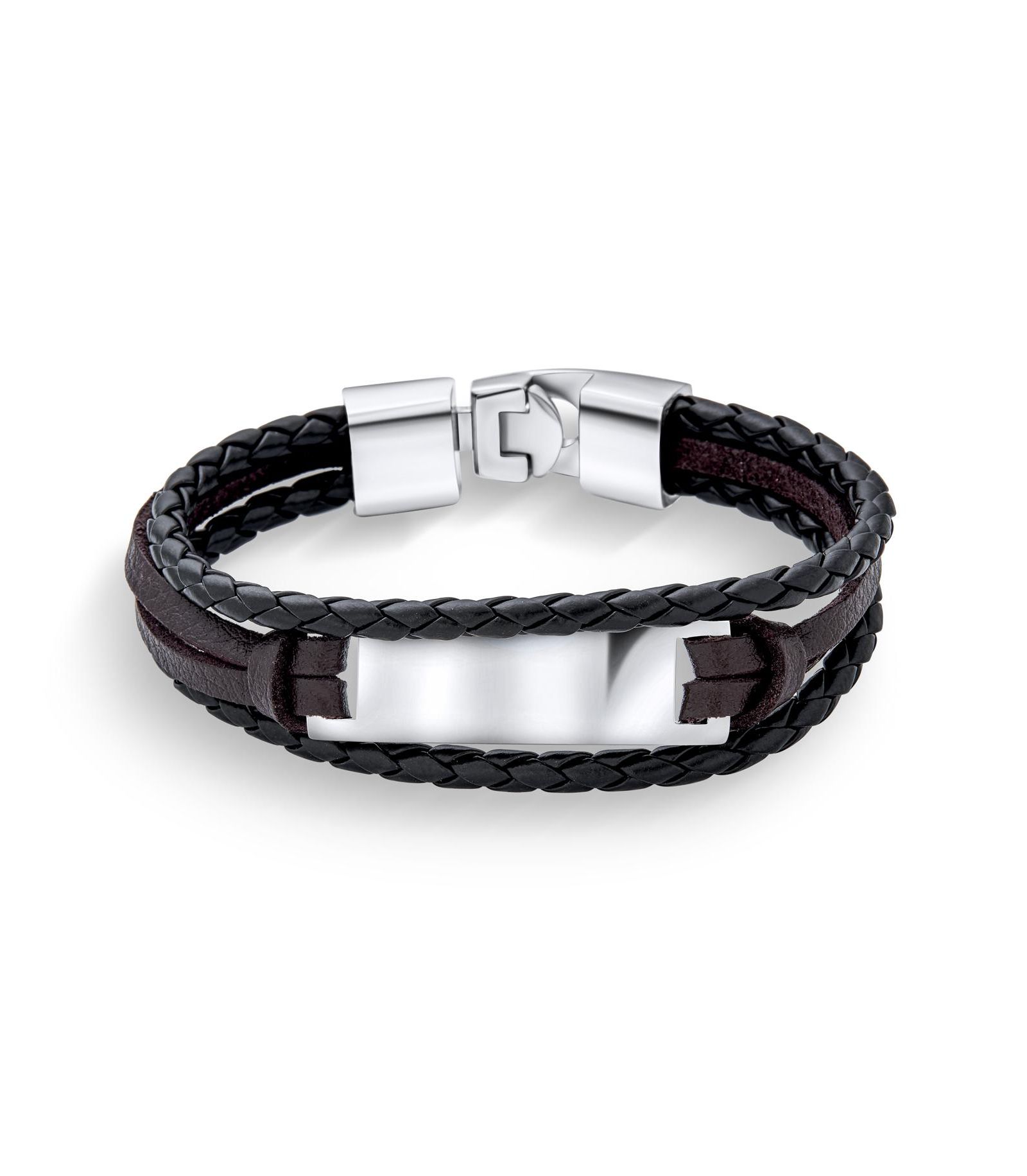 Bling Jewelry Multi Strand Name Plate ID Bracelet Black Brown Leather Stainless Steel 8"