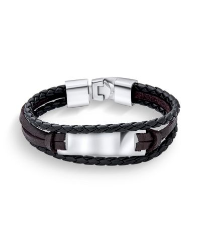 Bling Jewelry Multi Strand Name Plate ID Bracelet Black Brown Leather Stainless Steel 8"