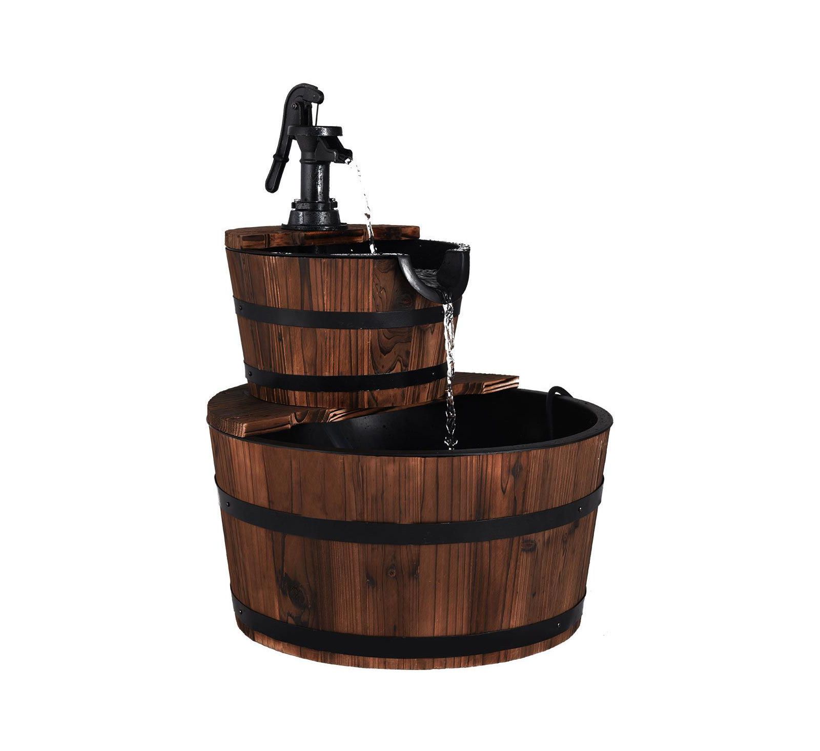 SKONYON 2-Tiers Outdoor Wooden Barrel Waterfall Fountain with Pump