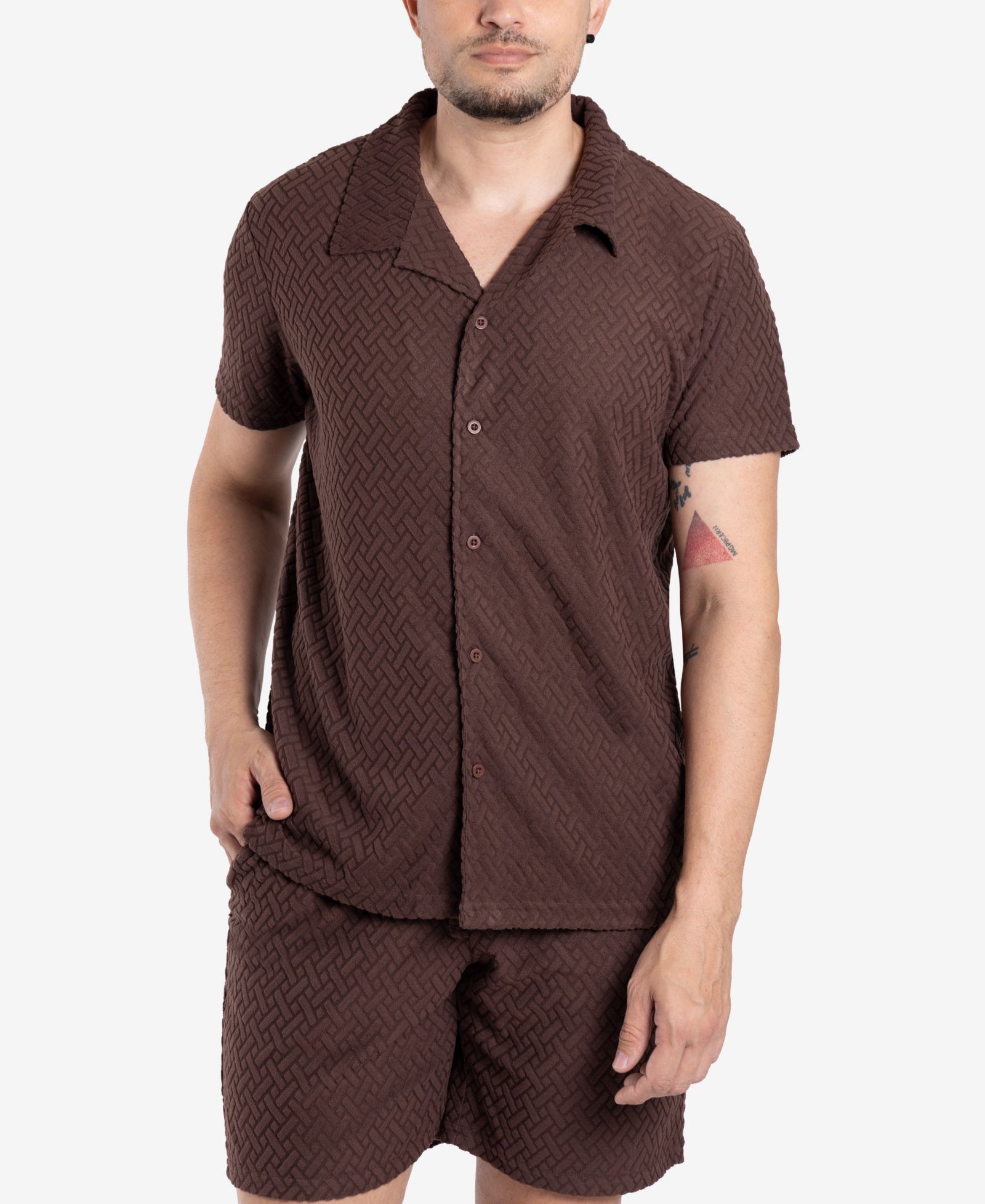 SPRING + MERCER Men's Casual Textured Camp Collar Short Sleeve Button-Up Shirt