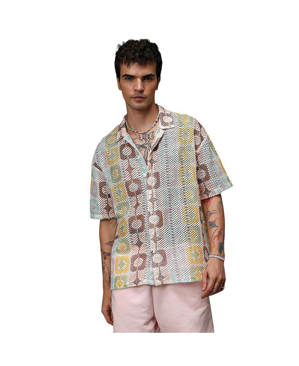 Мужская оверсайз рубашка Campus Sutra Lemon Yellow & Chocolate Brown Geometric Block