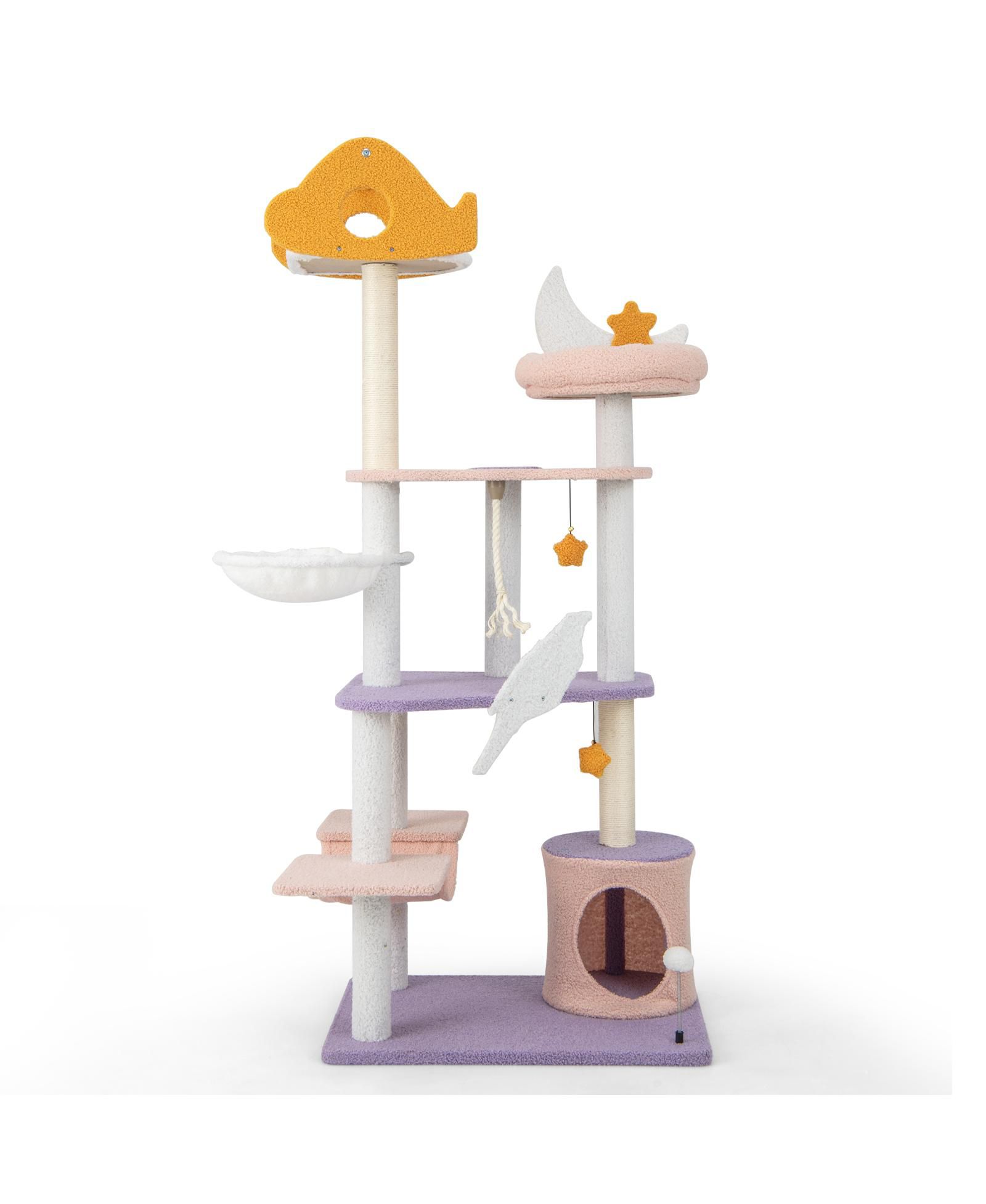 66 in Multi-Level Cat Tree Tower with Plane-Shaped Perch, Sisal Posts, Hammock and Hideaway Condo, Purple