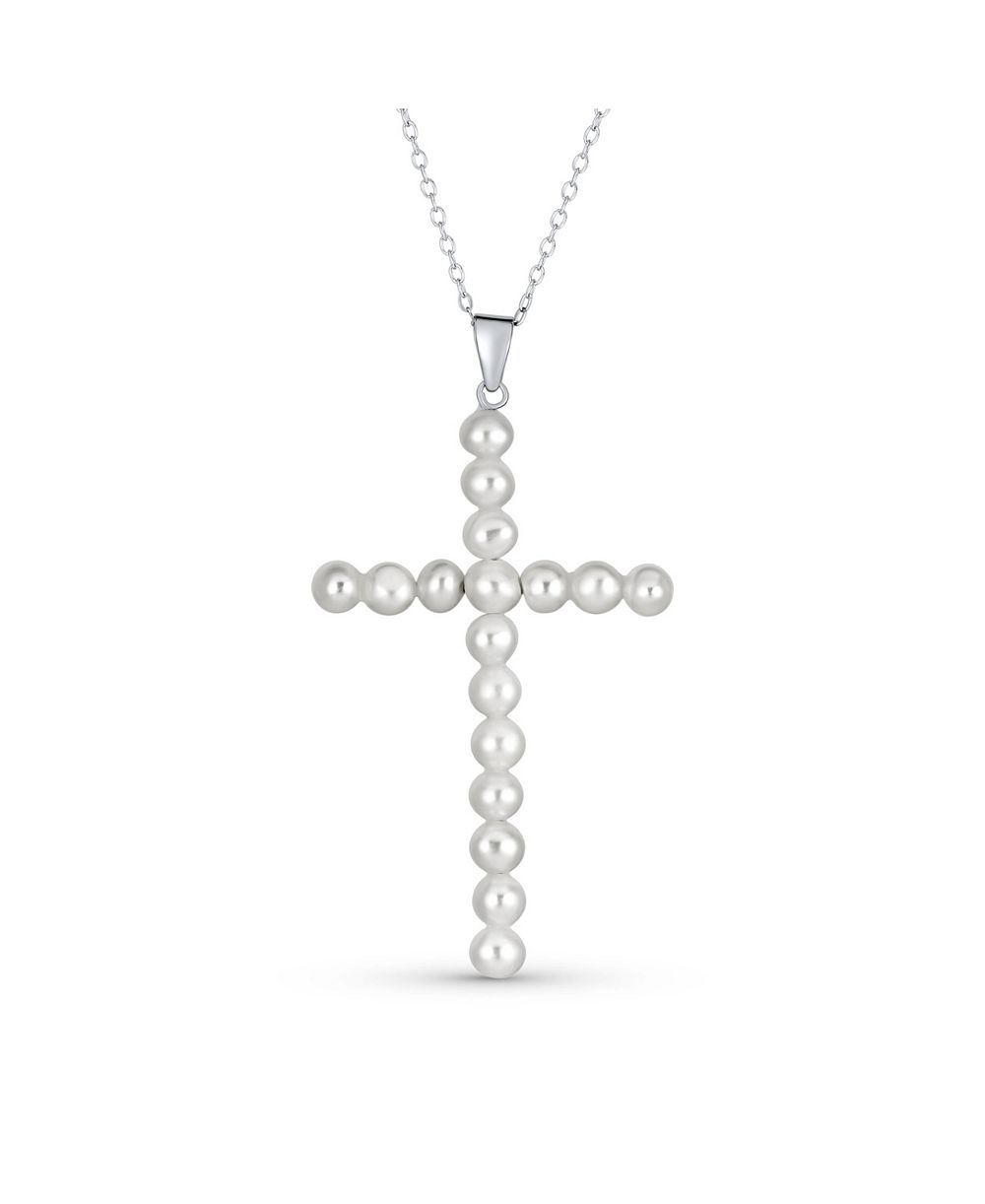 Подвеска Bling Jewelry Simple Religious Freshwater Cultured White Pearl Large Cross Necklace из стерлингового серебра