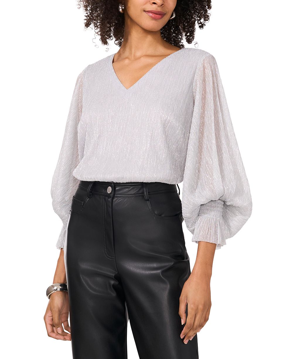 Vince Camuto Women's Metallic V-Neck Sheer-Sleeve Top