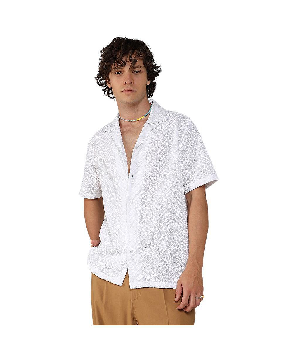 Campus Sutra Men's Chalk White Embroidered Zig-Zag Shirt