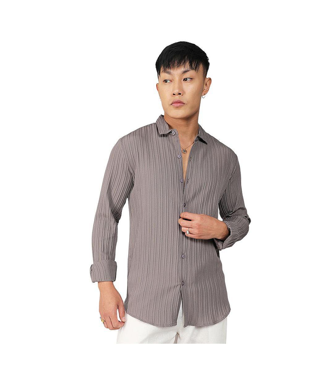 Men's Ash Grey Self-Design Striped Shirt