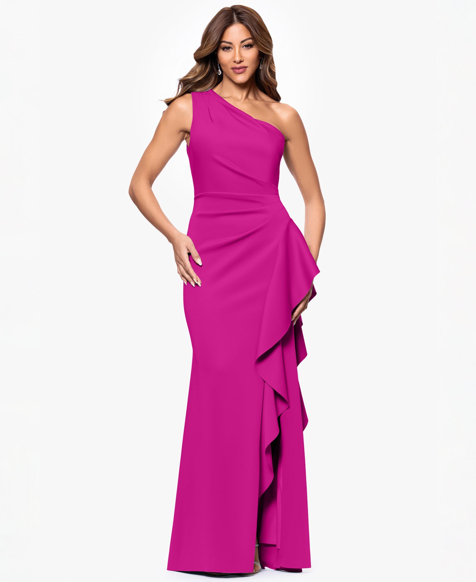 XSCAPE Petite Ruffled One-Shoulder Scuba Gown