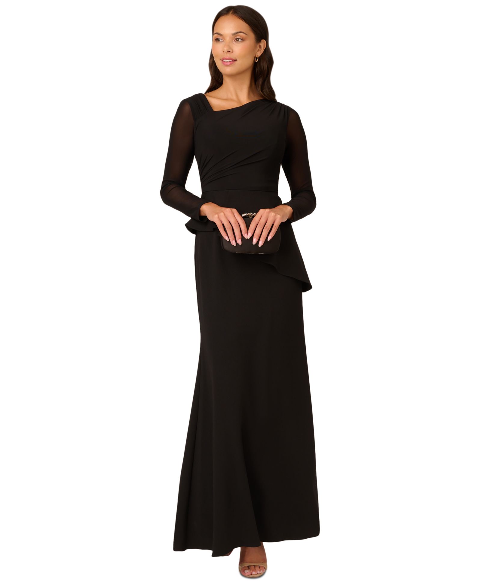 Женское вечернее платье Adrianna Papell Mesh Long-Sleeve Crepe Gown