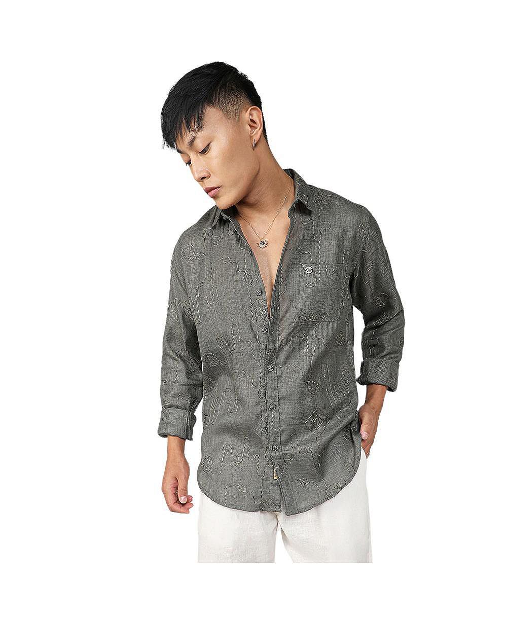 Campus Sutra Men's Olive Green Embroidered One-Lined Shirt