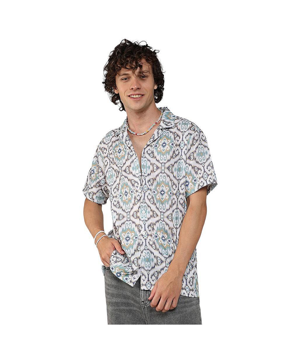 Campus Sutra Мужская рубашка Ikkat Ivory White & Sage Green