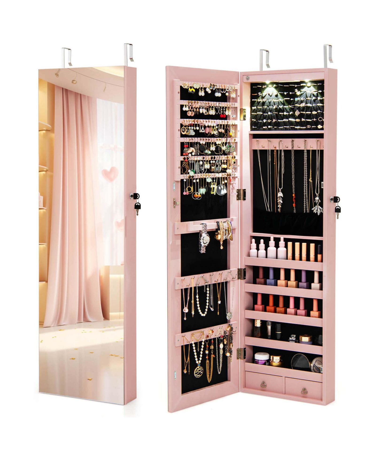 Mirrored Wall Door Mounted Jewelry Cabinet Storage Organizer with