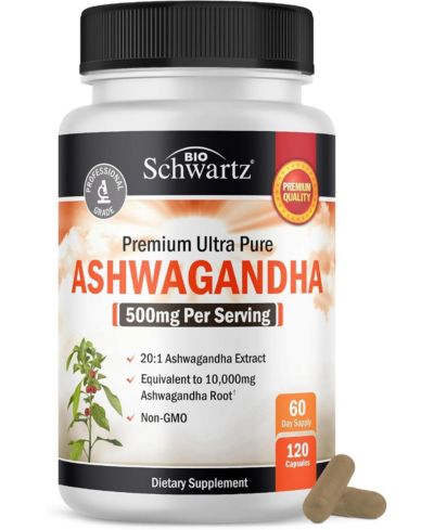 BioSchwartz Ashwagandha Supplements - Ashwagandha Capsules with 500mg 20 to 1 Root Extract Equivalent to 10,000mg Ashwaganda Powder - Non-GMO, 120ct