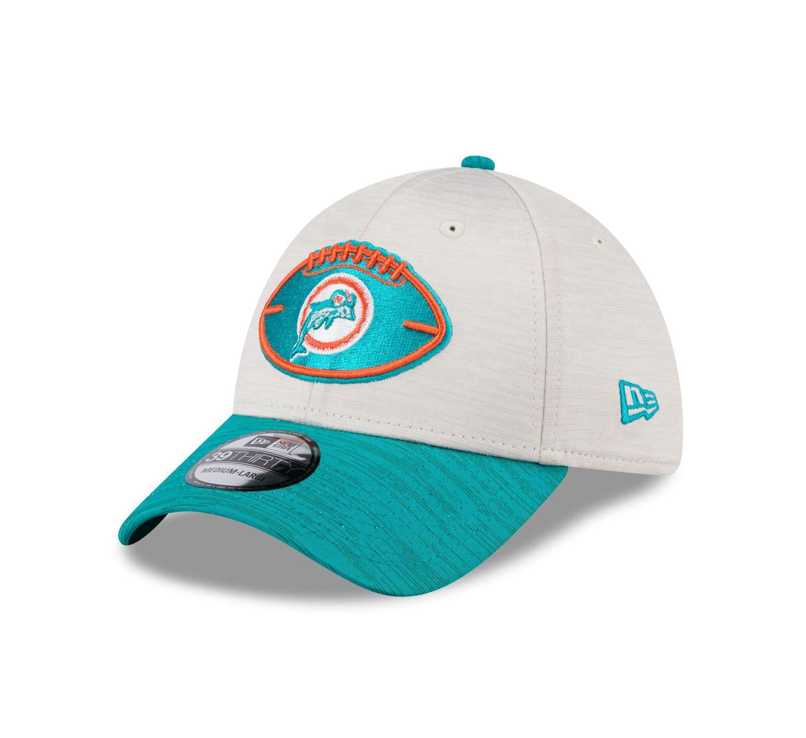 New Era Men's Stone/Aqua Miami Dolphins 2024 Sideline Historic 39THIRTY Flex Hat