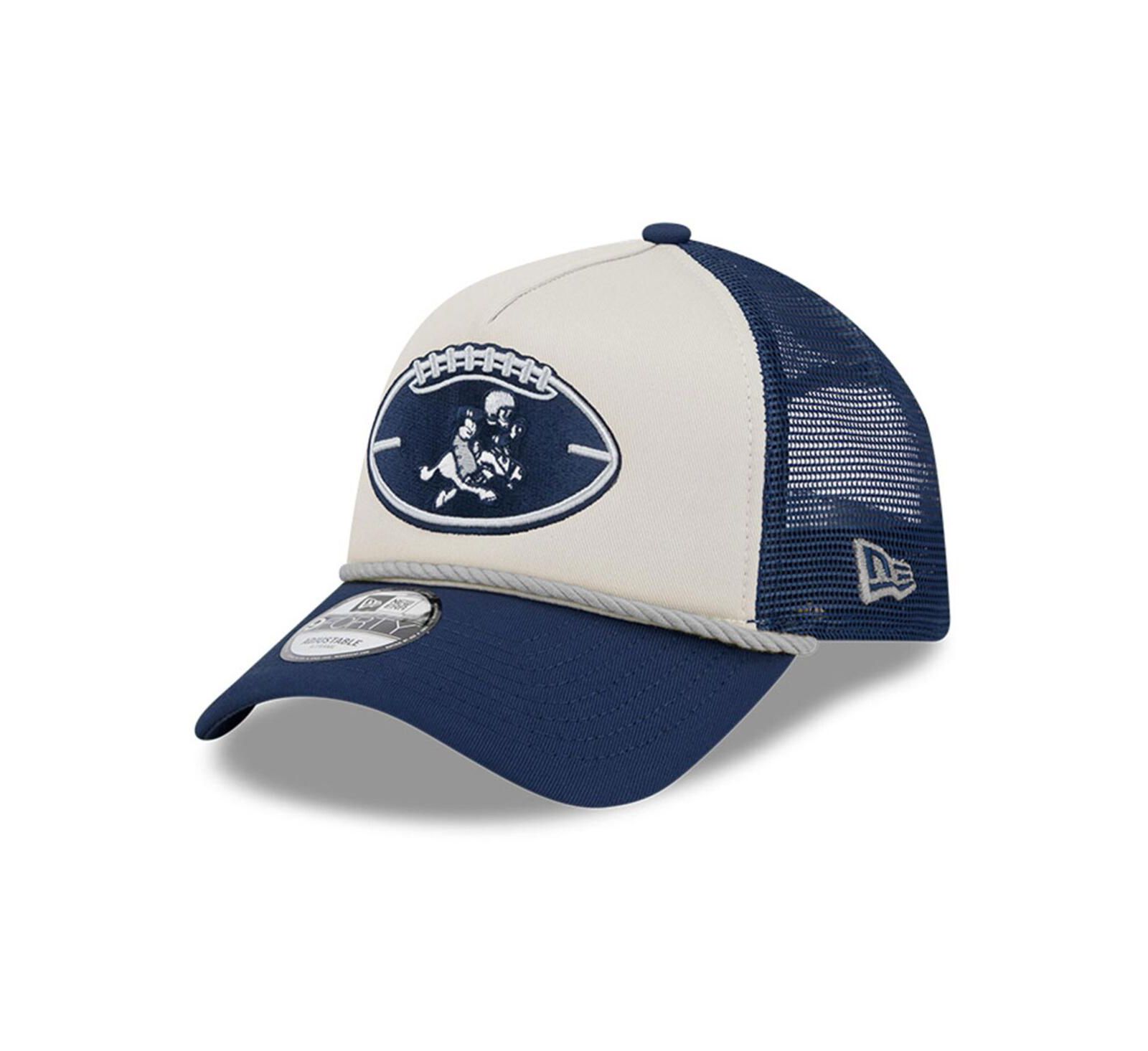 New Era Men's Stone/Navy Dallas Cowboys 2024 Sideline Historic 9FORTY A-Frame Trucker Adjustable Hat