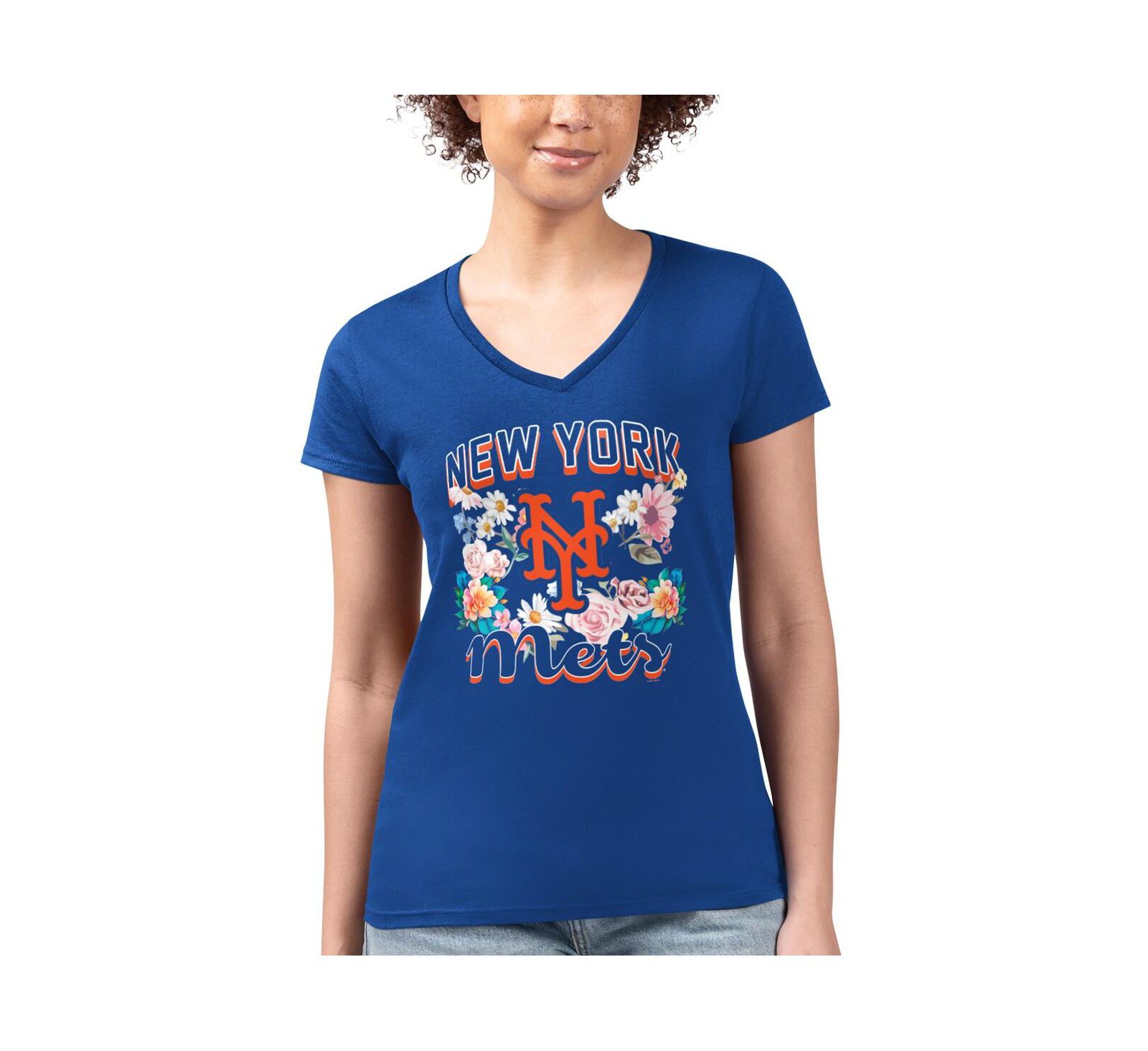 G-III 4Her by Carl Banks Women's Royal New York Mets Flowers Graphic Fitted V-Neck T-Shirt