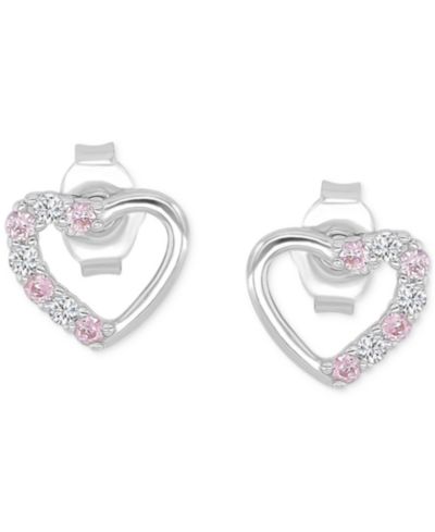 Pink Cubic Zirconia Heart Stud Earrings in 14k Rose Gold over Sterling Silver