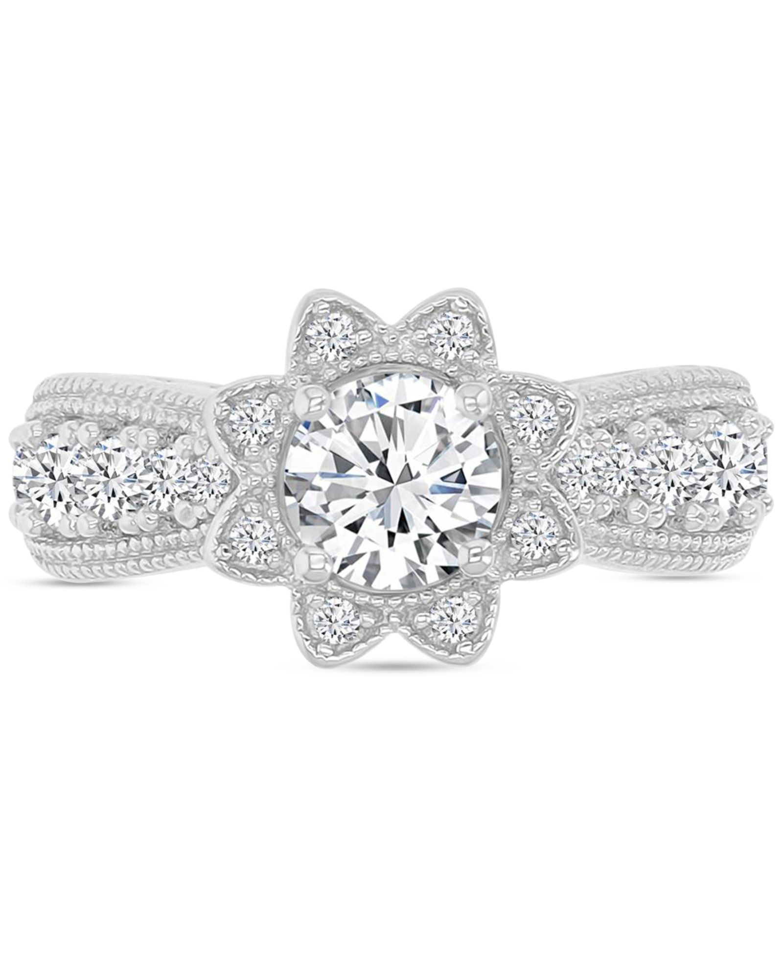 Cubic Zirconia Star Halo Milgrain Bead Ring in Sterling Silver
