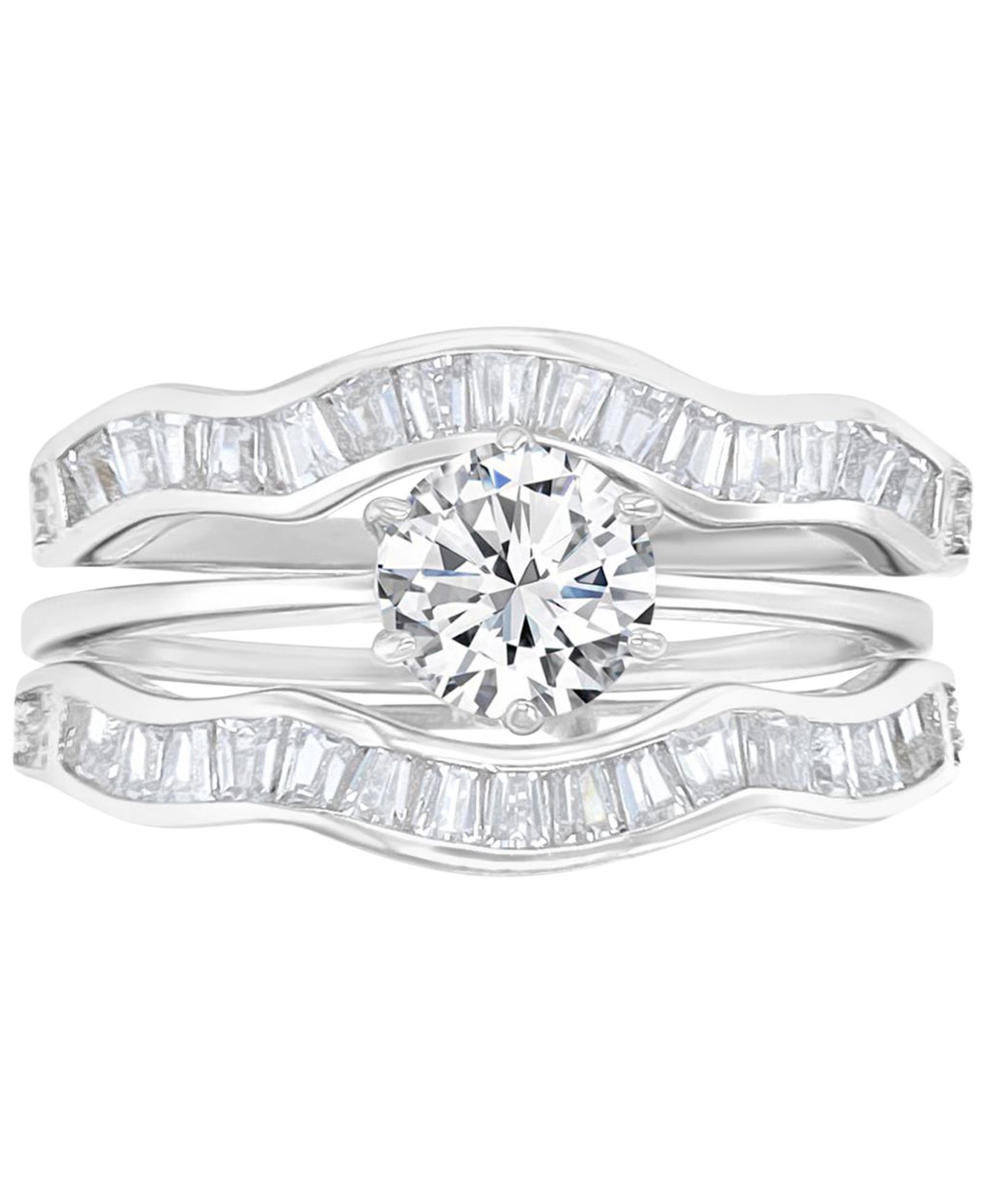 3-Pc. Set Cubic Zirconia Solitaire & Wavy Baguette Bands Bridal Set