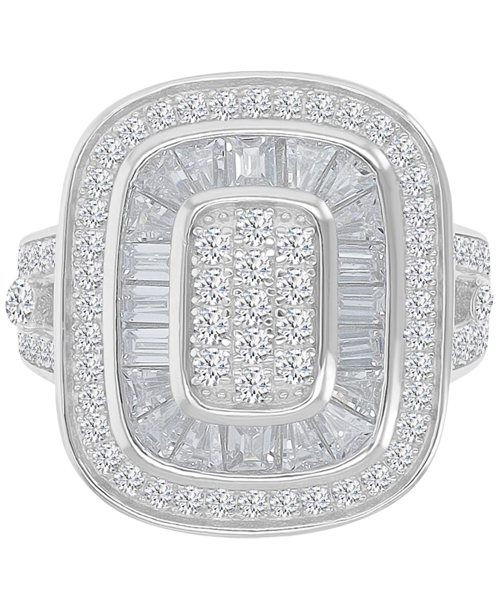 Cubic Zirconia Round & Baguette Halo Cluster Statement Ring in Sterling Silver