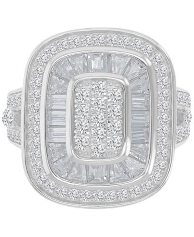 Cubic Zirconia Round & Baguette Halo Cluster Statement Ring in Sterling Silver