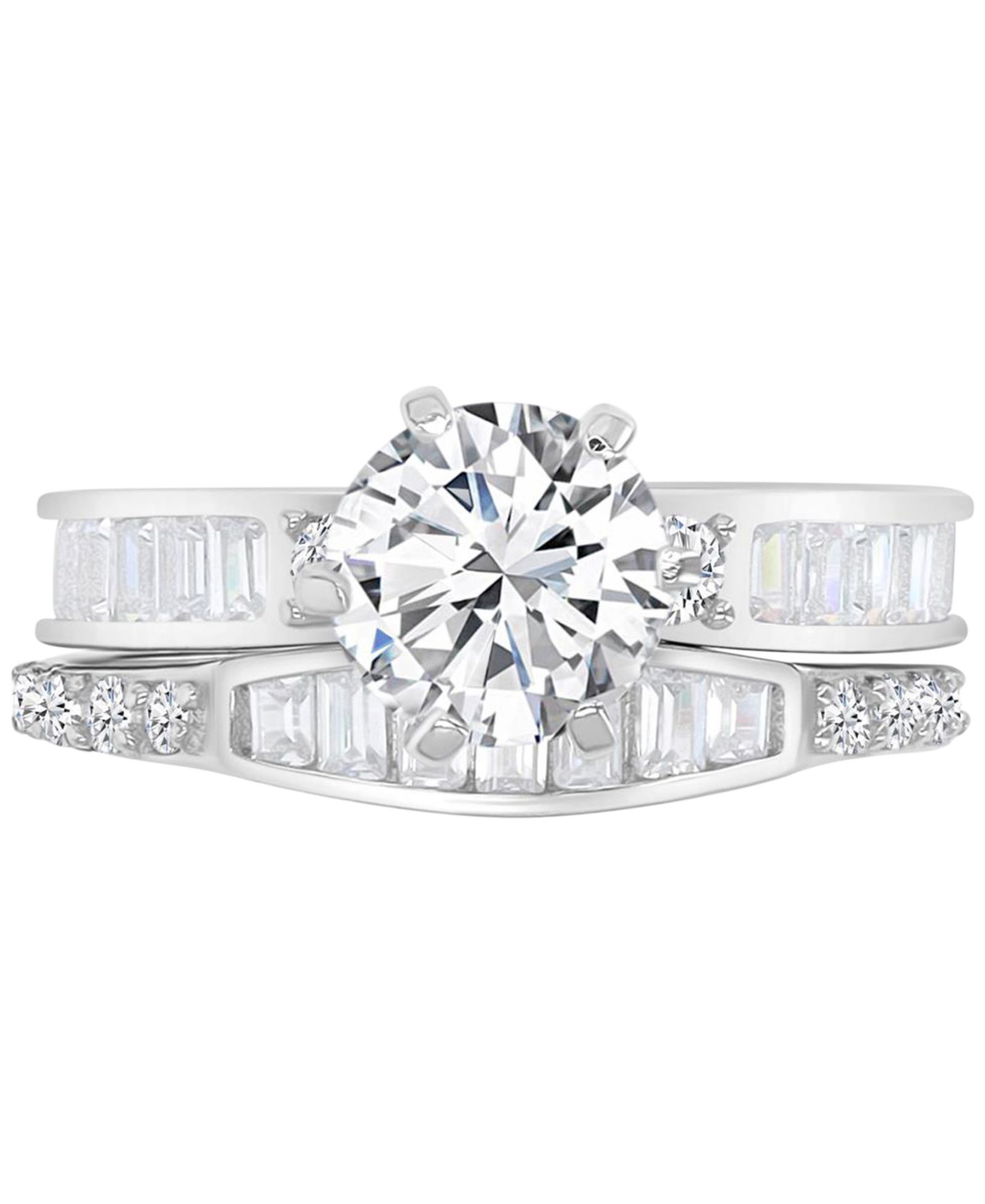 Cubic Zirconia Round & Baguette Bridal Set in Sterling Silver