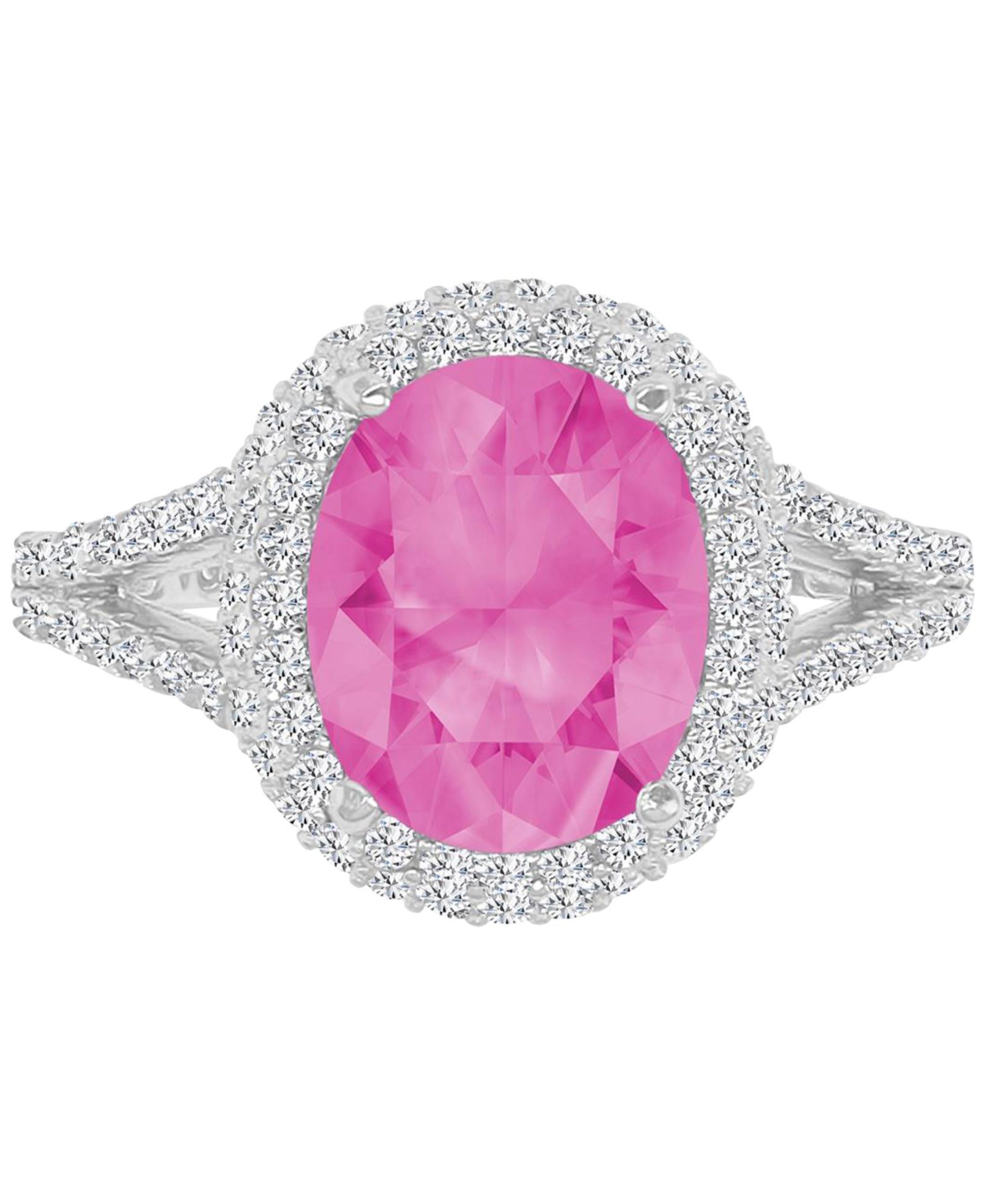 Pink & White Cubic Zirconia Oval Halo Split Shank Ring in Sterling Silver (Also available in Blue)