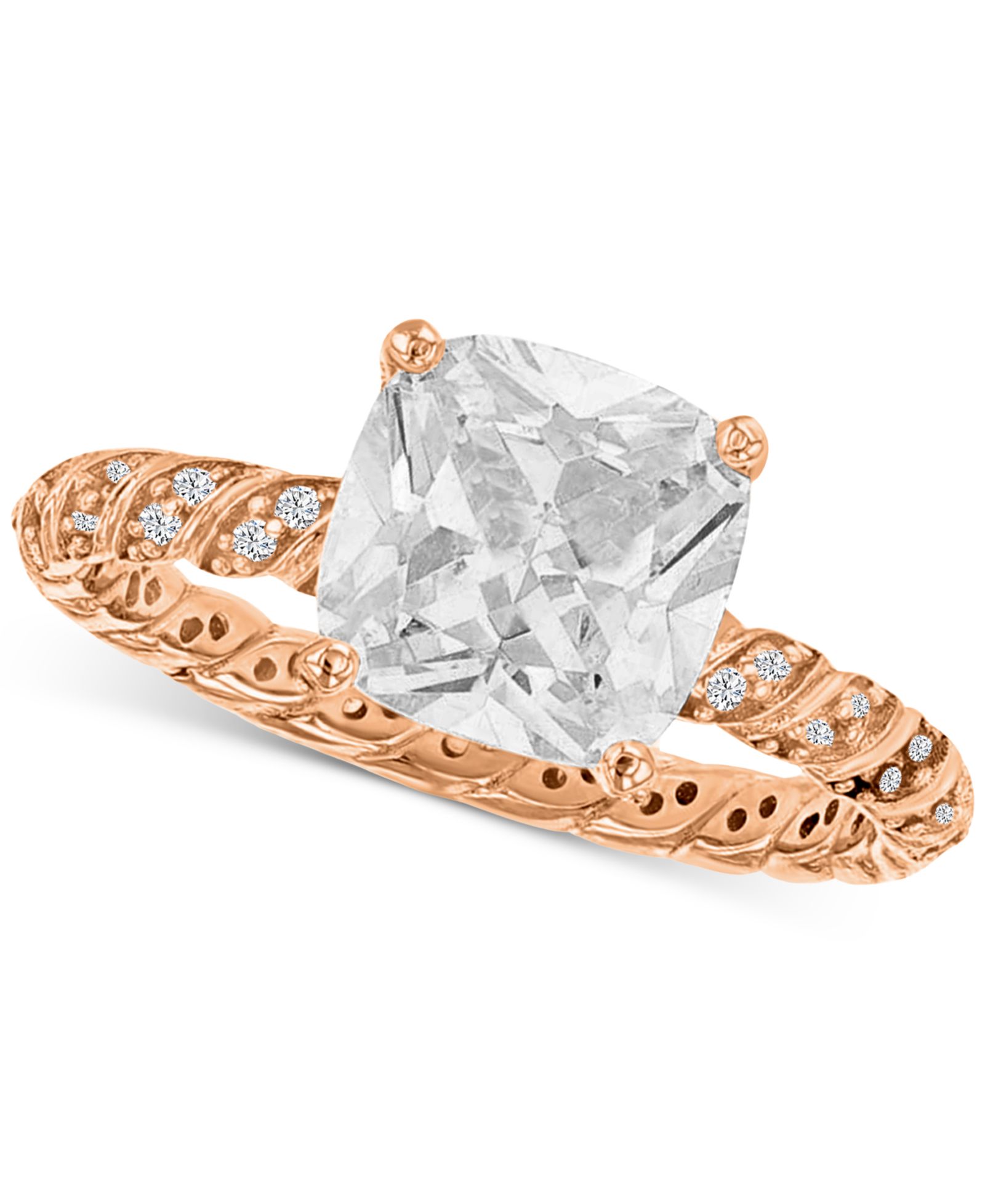 Cubic Zirconia Cushion Cut Twist Shank Solitaire Ring in 14k Rose Gold-Plated Sterling Silver