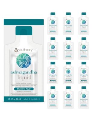 Youtheory Ashwagandha Liquid  Blueberry  600 mg  12 Pouches  -  1 fl oz (30 ml) Each