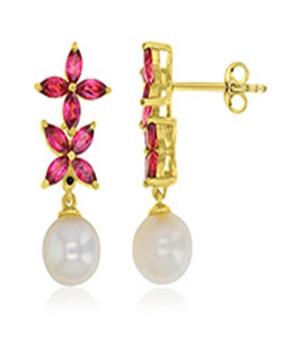 Cultured Freshwater Pearl, Garnet (1.6 ct. t.w.) and Diamond Accent Flower Earrings in 14k Yellow Gold Over Sterling Silver