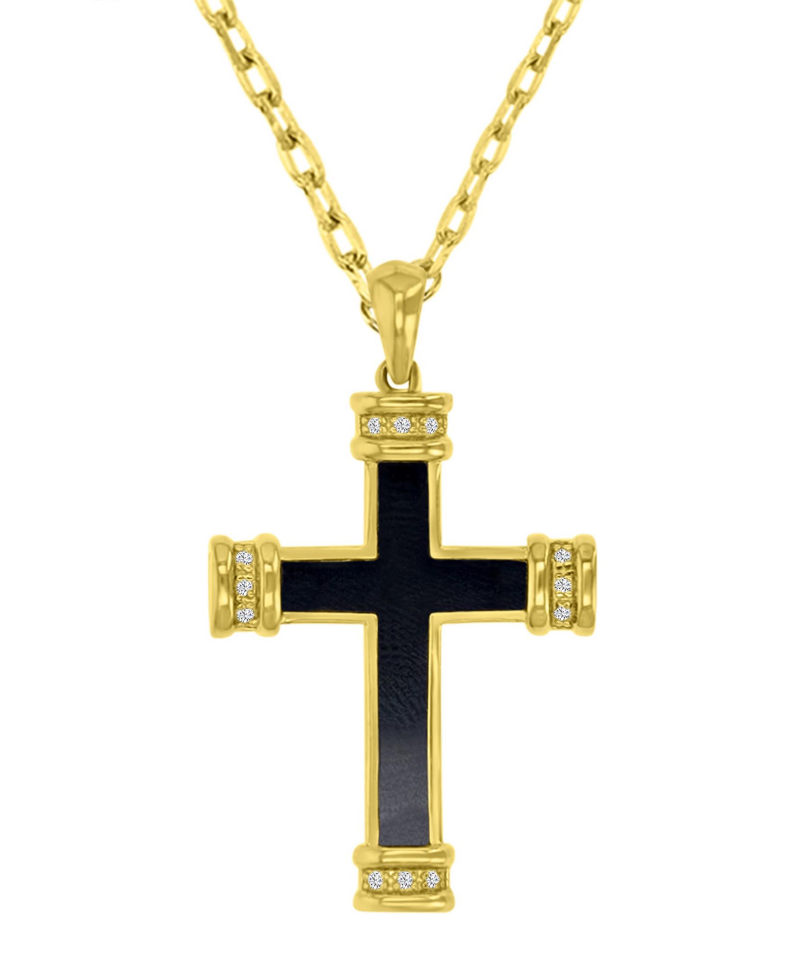 Подвеска Macy's Onyx and Diamond Cross в 14k Yellow Gold Over Sterling Silver