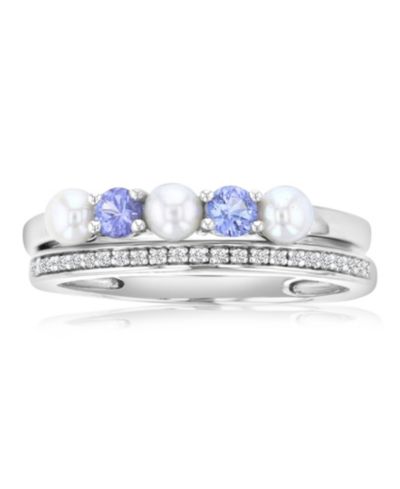 Cultured Freshwater Pearl, Tanzanite & Diamond Accent Stackable Band Ring Set in Rhodium Over Sterling Silver