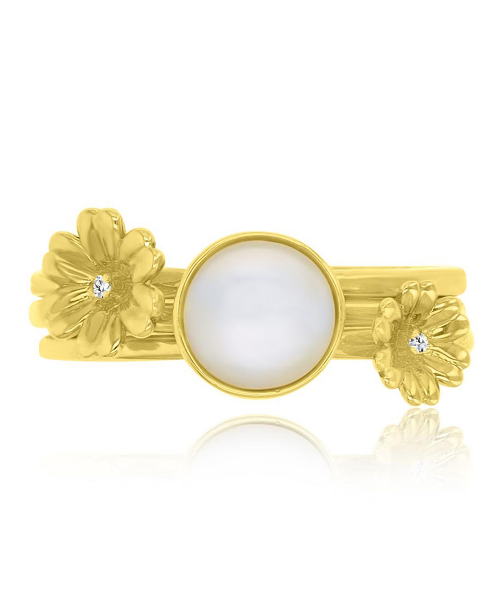 White Mother of Pearl and Diamond Accent Stackable Ring in 14k Yellow Gold Over Sterling Silver